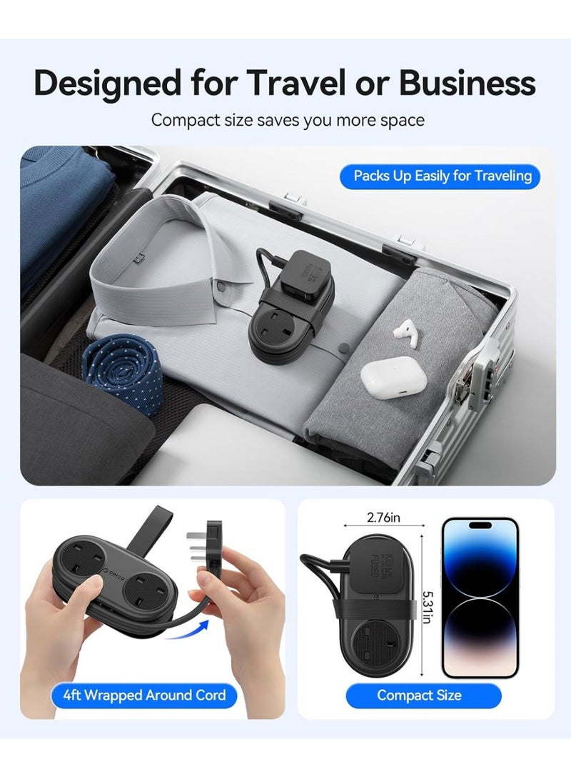 ORICO Travel Power Strip, 2 Outlets 3 USB Ports (1 USB C), 3250W 13A, Compact and Rollable Extension Cord for Hotel Travel Essentials Cruise Approved Power Strip-Black - Image 2