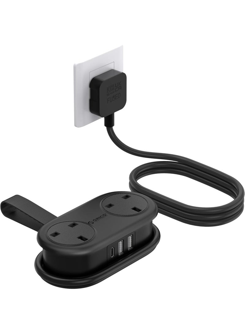ORICO Travel Power Strip, 2 Outlets 3 USB Ports (1 USB C), 3250W 13A, Compact and Rollable Extension Cord for Hotel Travel Essentials Cruise Approved Power Strip-Black - Image 1