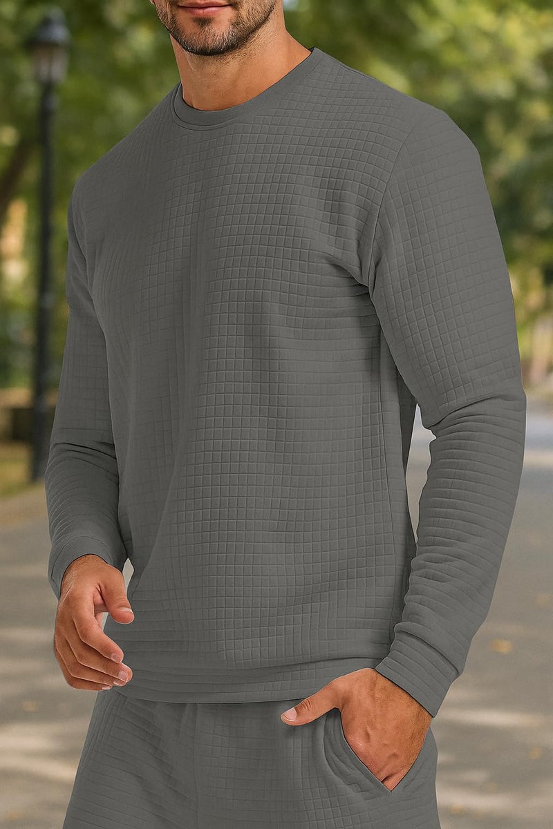 KAJARU Quilted Pattern Long Sleeve Sweatshirt, Round Neck, Men's Casual Pullover, Grey, Black, Beige (in, Alpha, XL, Grey) - Image 4
