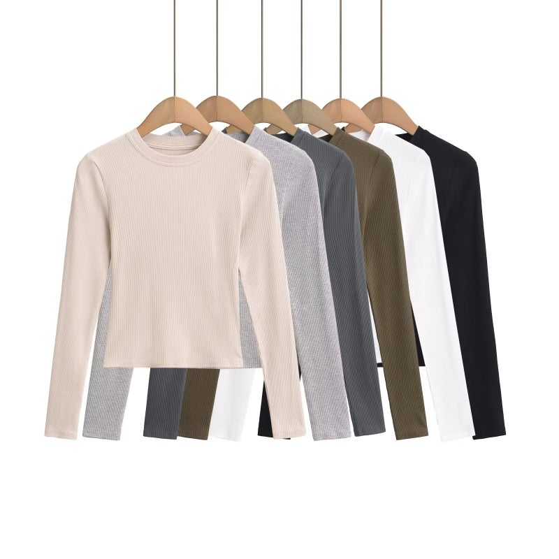Pure Spice Girls Simple Basic Round Neck Long-Sleeved T-Shirt Slim-Fit Slimming Short Shoulder Base Shirt - Image 2