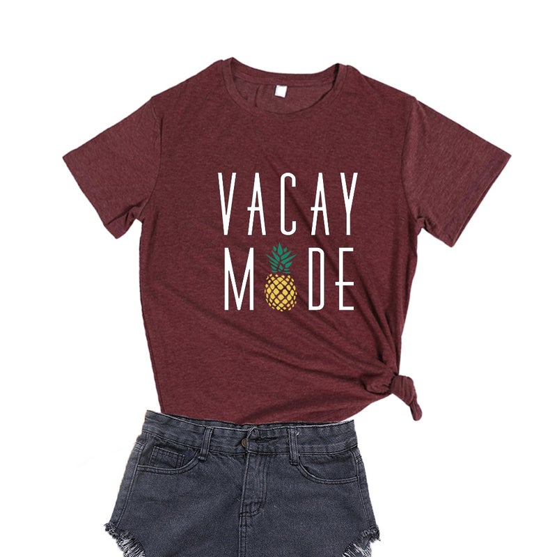 2020 Cross-border New Women's VACAY MODE Alphabet Pineapple Print Fresh Sweet Short-sleeved T-shirt - Image 3