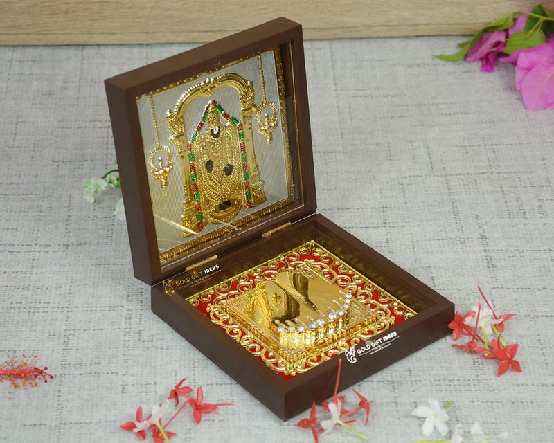 GoldGiftIdeas 24K Gold Plated Square Tirupati Balaji Photo Frame with Charan Paduka Box, Balaji Wooden Momento Gift, Venkateshwar Swami Frame for Worship, Housewarming Return Gift - Image 3
