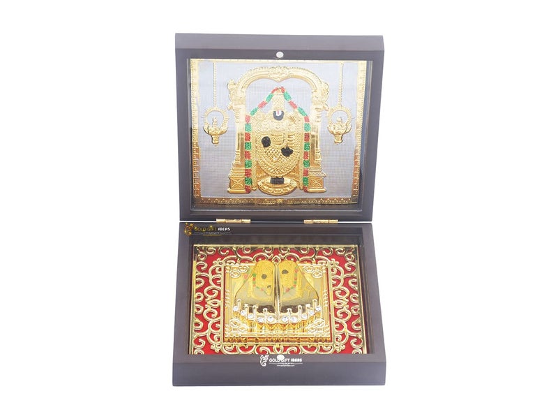 GoldGiftIdeas 24K Gold Plated Square Tirupati Balaji Photo Frame with Charan Paduka Box, Balaji Wooden Momento Gift, Venkateshwar Swami Frame for Worship, Housewarming Return Gift - Image 1