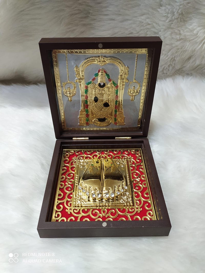 GoldGiftIdeas 24K Gold Plated Square Tirupati Balaji Photo Frame with Charan Paduka Box, Balaji Wooden Momento Gift, Venkateshwar Swami Frame for Worship, Housewarming Return Gift - Image 4