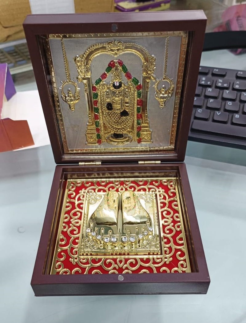 GoldGiftIdeas 24K Gold Plated Square Tirupati Balaji Photo Frame with Charan Paduka Box, Balaji Wooden Momento Gift, Venkateshwar Swami Frame for Worship, Housewarming Return Gift - Image 5