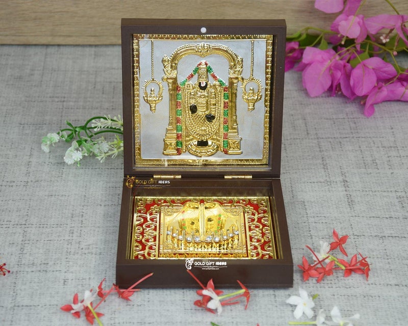GoldGiftIdeas 24K Gold Plated Square Tirupati Balaji Photo Frame with Charan Paduka Box, Balaji Wooden Momento Gift, Venkateshwar Swami Frame for Worship, Housewarming Return Gift - Image 2