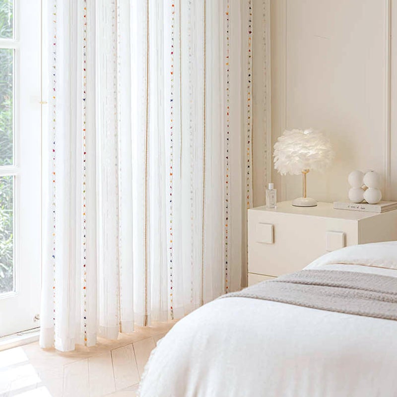 SUOUO Colorful Embroidered Striped Boho White Sheer Curtains for Living Room 96 inches Long 2 Panels Rod Pocket Light Filtering Window Drapes for Bedroom Dining - Image 3