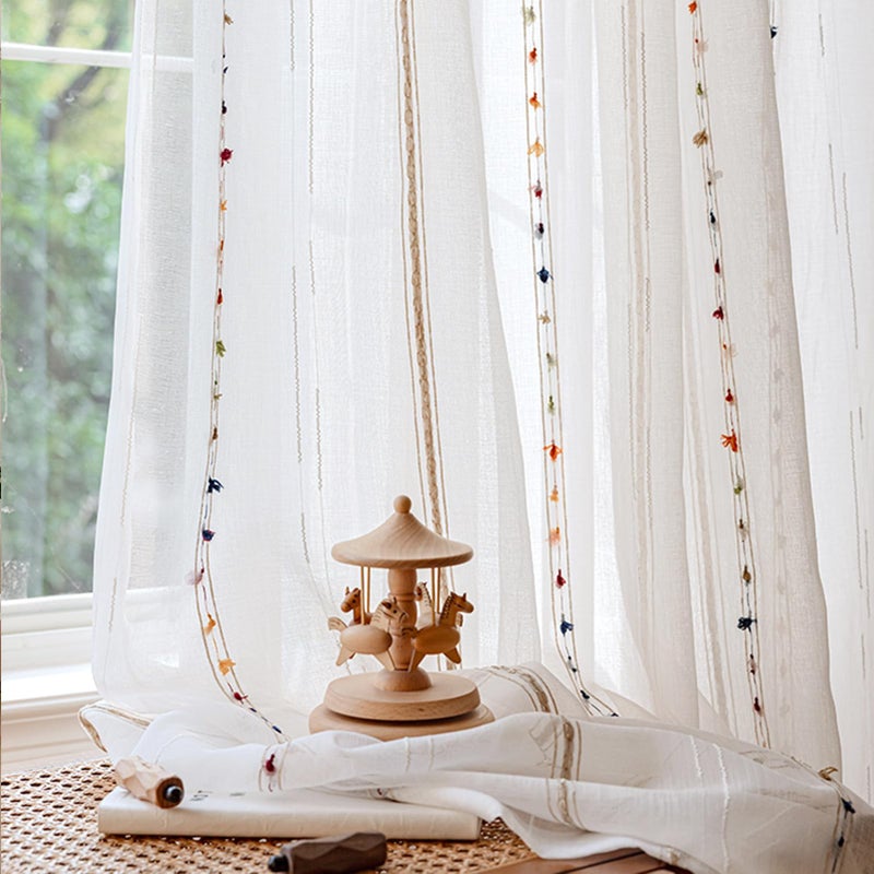 SUOUO Colorful Embroidered Striped Boho White Sheer Curtains for Living Room 96 inches Long 2 Panels Rod Pocket Light Filtering Window Drapes for Bedroom Dining - Image 1
