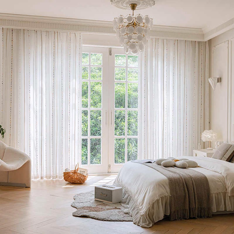 SUOUO Colorful Embroidered Striped Boho White Sheer Curtains for Living Room 96 inches Long 2 Panels Rod Pocket Light Filtering Window Drapes for Bedroom Dining - Image 2