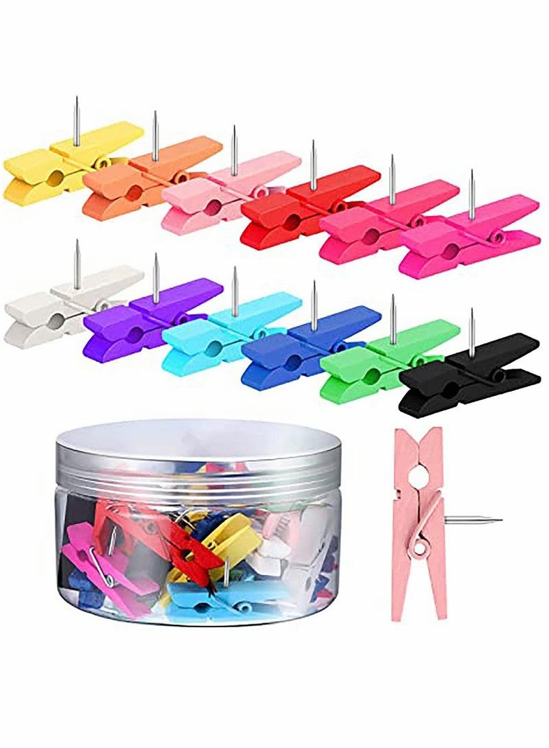 Excefore 50Pieces Multicolored Wooden Clips Push Pins Clips Pushpin Tacks Wooden Crafts Pins for Cork Boards Crafts Arts Projects Photo Supplies - Image 1