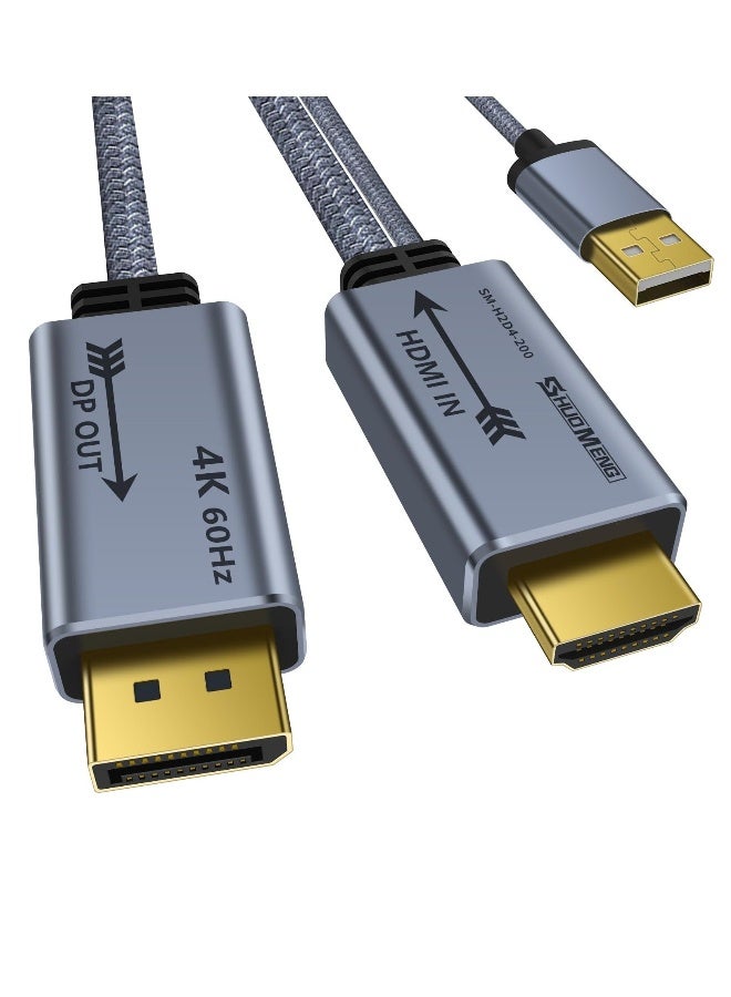 محول HDMI إلى DisplayPort 4K@60Hz، كابل محول ذكر إلى ذكر HDMI إلى DP 1.2 مع طاقة USB للشاشة، PS4، سرعة عالية، متوافق مع HDCP2.2، 6.6 قدم 2 متر، غير ثنائي الاتجاه - Image 1