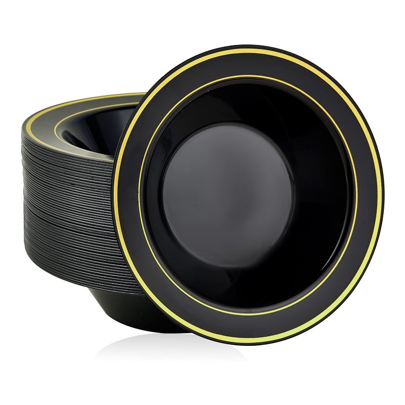 JOLLY PARTY 50PCS Black Plastic Bowls with Gold Rim12oz Christmas Thanksgiving Premium Disposable Soup Dessert Salad Bowls for WeddingPartyHalloween