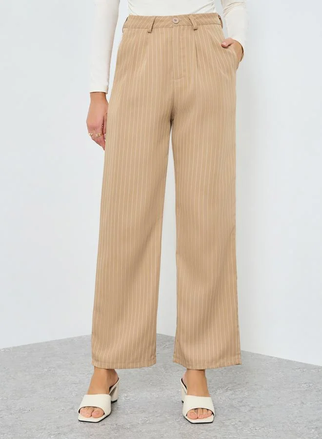Styli Women Khaki Pinstripe Wide Leg Trousers