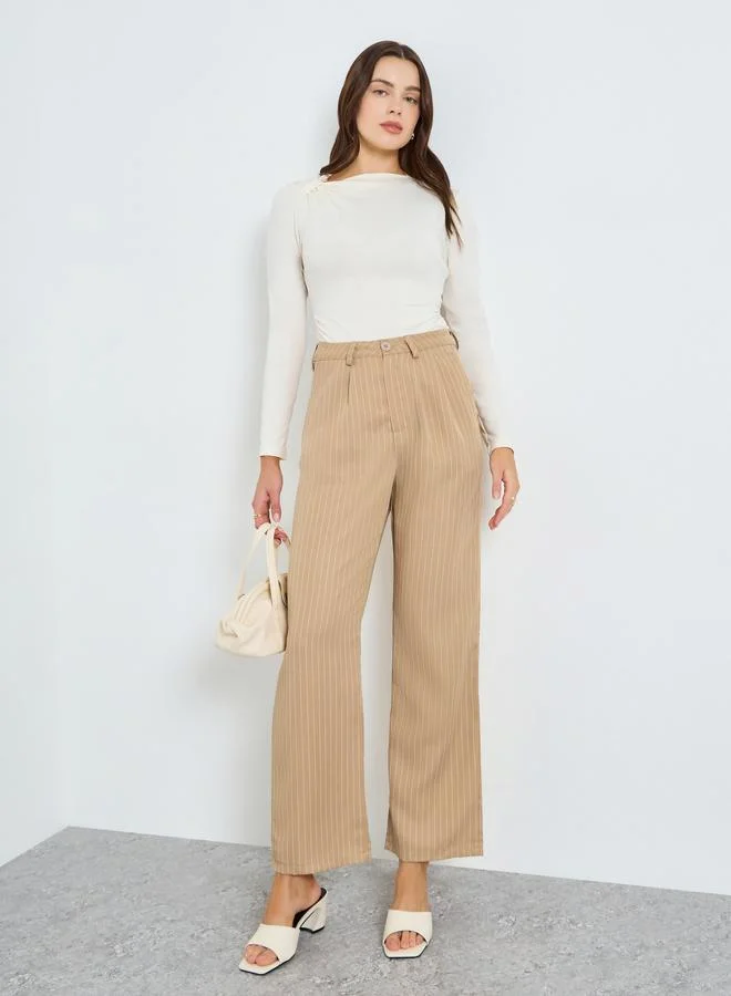 Styli Women Khaki Pinstripe Wide Leg Trousers