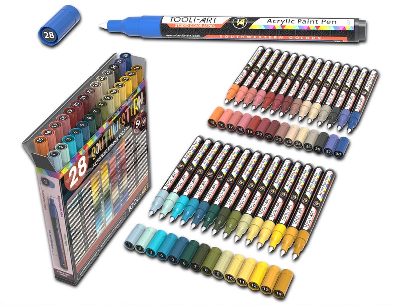 TOOLI-ART 28 Southwestern Colors Acrylic Paint Pens Studio Color Series Markers Set 07mm Extra Fine Tip Rock Painting Glass Mugs Wood Metal Canvas DIY Detailing Non Toxic Waterbased Quick Drying - Image 2