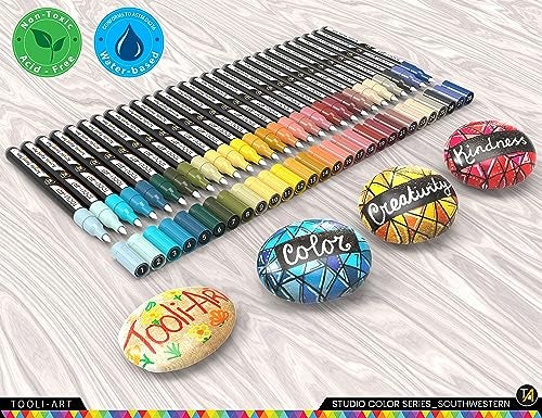 TOOLI-ART 28 Southwestern Colors Acrylic Paint Pens Studio Color Series Markers Set 07mm Extra Fine Tip Rock Painting Glass Mugs Wood Metal Canvas DIY Detailing Non Toxic Waterbased Quick Drying - Image 3