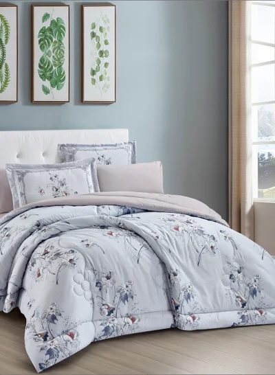 Donetella Comforter Set 6-Pcs King Size Printed Reversible Double Bed FIt 200 x 200 CM All Season Comforter With (350 GSM) Down Alternative Filling, Cadet Blue