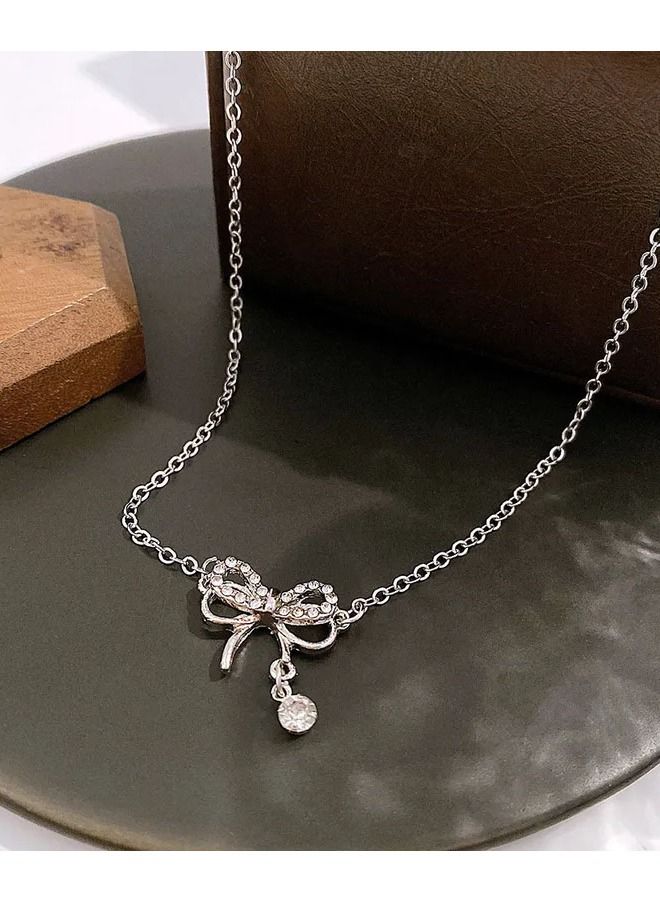 Unique women necklace with necktie design encrusted with sparkling crystals distinctive women accessory silver color - Image 2