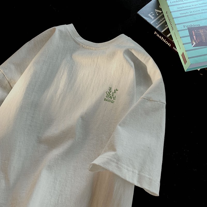 Embroidery heavyweight 100% pure cotton short-sleeved T-shirt men's fashion brand ins loose T-shirt summer leaf embroidered T-shirt top - Image 2