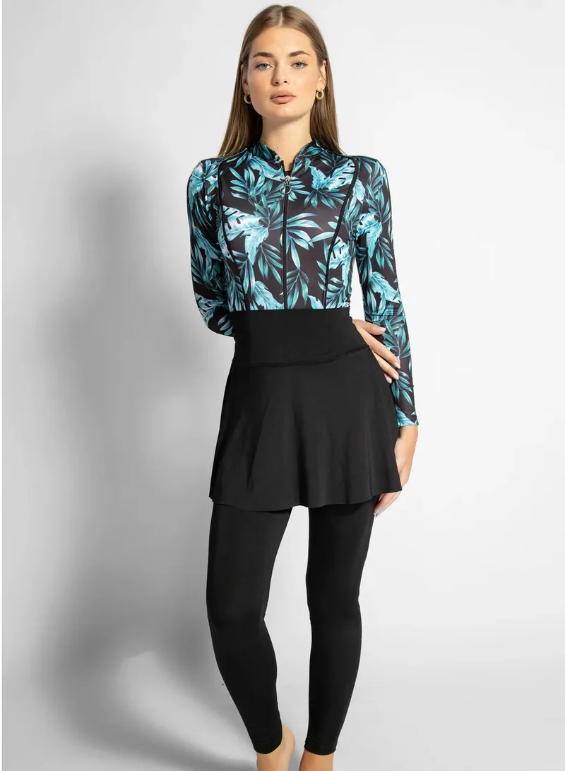 منيرفا سيكرت FOREST BREEZE - بدلة سباحة بوركيني مكونة من 4 قطع لكامل الجسم مع تنورة شاطئ وسروال وقبعة سباحة