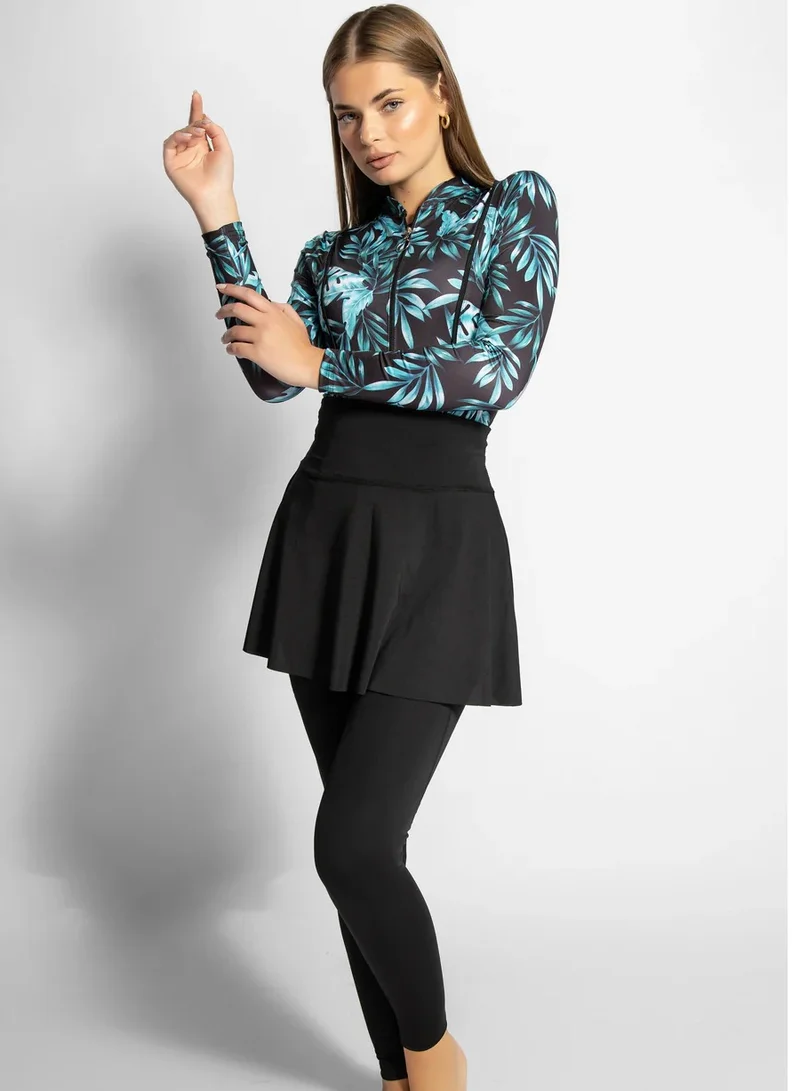 منيرفا سيكرت FOREST BREEZE - بدلة سباحة بوركيني مكونة من 4 قطع لكامل الجسم مع تنورة شاطئ وسروال وقبعة سباحة