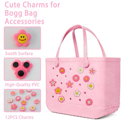 Yonuni 12pcs Pink Flower Charms for Bogg Bag, Rubber Beach Bag Accessories for Original All Models, PVC Rubber Tote Charms Insert Decorative for Boy Girl Women - Image 3
