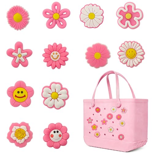 Yonuni 12pcs Pink Flower Charms for Bogg Bag, Rubber Beach Bag Accessories for Original All Models, PVC Rubber Tote Charms Insert Decorative for Boy Girl Women - Image 1