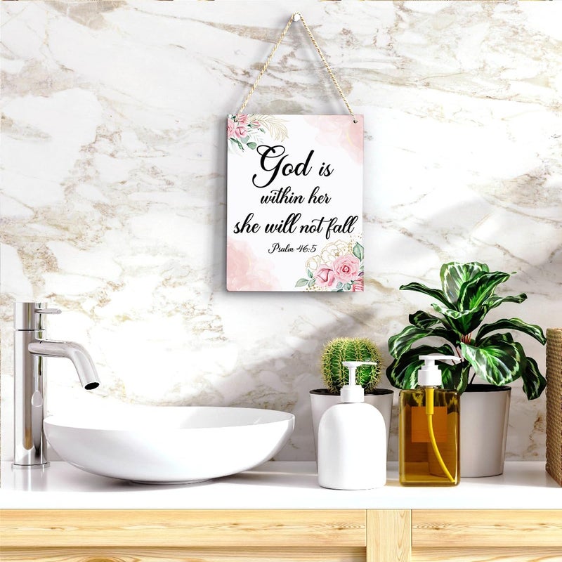 BELLOWDEER Inspirational Decor God is Within Her She Will Not Fall Psalm 46:5 Christian Gifts for Women Bible Verse Wall Art Scripture Wooden Hanging Sign for Kids Room Bathroom Bedroom Decor 8 x 10 Inches - Image 4