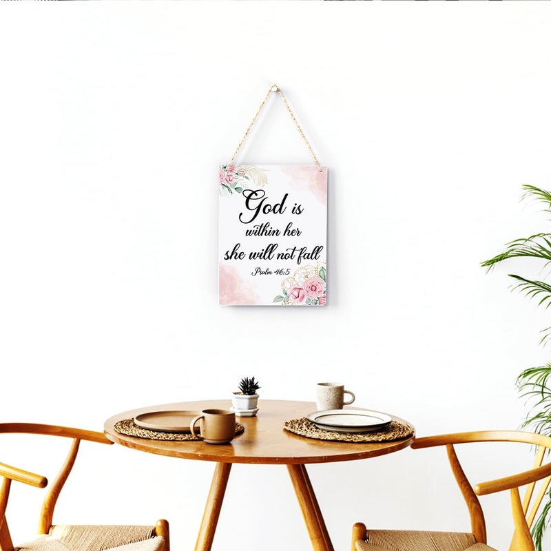BELLOWDEER Inspirational Decor God is Within Her She Will Not Fall Psalm 46:5 Christian Gifts for Women Bible Verse Wall Art Scripture Wooden Hanging Sign for Kids Room Bathroom Bedroom Decor 8 x 10 Inches - Image 3