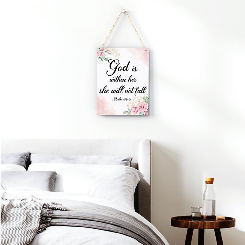 BELLOWDEER Inspirational Decor God is Within Her She Will Not Fall Psalm 46:5 Christian Gifts for Women Bible Verse Wall Art Scripture Wooden Hanging Sign for Kids Room Bathroom Bedroom Decor 8 x 10 Inches - Image 2