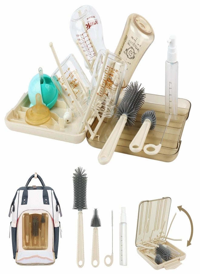 Onomie 6 in 1 Baby Bottle Cleaner Set with Drying Rack,Silicone Baby Bottle,Straw Brush,Nipple Brush,Soap Dispenser and Storage Box, Portable Essentials for Home&Travel (Brown) - Image 1