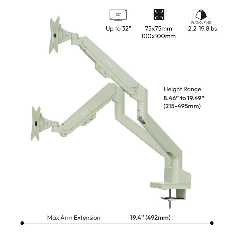 Pixio PS1D Wave Mint Green Dual Monitor Arm Stand Desk Mount - Fits up to 32 inches Monitors and up to 19.8lbs. VESA Compatibility and Integrated Cable Management - Image 4