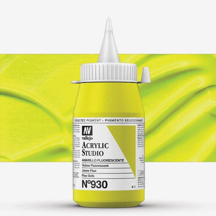 Vallejo Professional Fluorescent Acrylic Paint for Artists & Studios – Fluorescent Yellow, High Intensity Color on Canvas & Wood – 500ml - Image 1