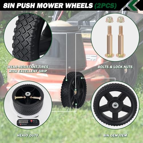 CheeMuii 8 Inch Lawn Mower Wheels 2 Pack 8 Push Lawn Mower Wheels with Bolts and Lock Nuts Kit Fit for Most Standard push Lawn MowersGeneratorGarden TillerHandtruck - Image 3
