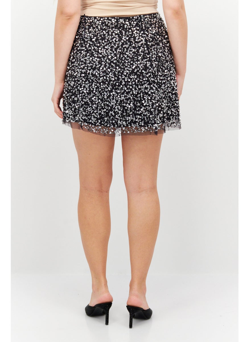 French Connection - Women Sequins Mini Skirt, Silver - Image 1