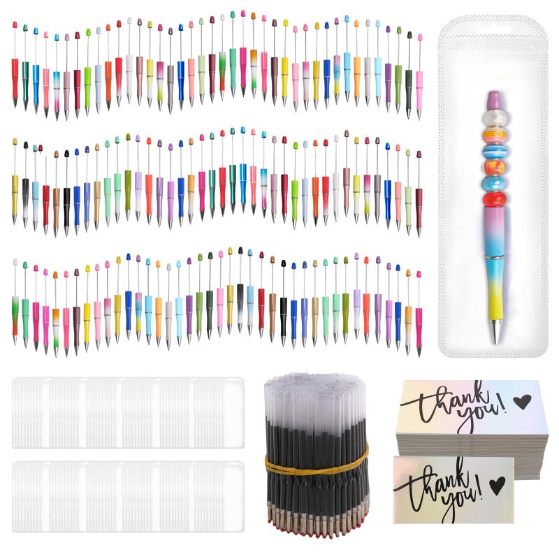 Olutacot 600 Pcs Plastic Beadable Pens Bulk Beadable Pens Kit 120 Ballpoint Pen Black Ink Beaded Pens with 240 Refills 120 Pen Packaging Bags 120 Thank You Cards for School DIY Making Office Supplies - Image 1
