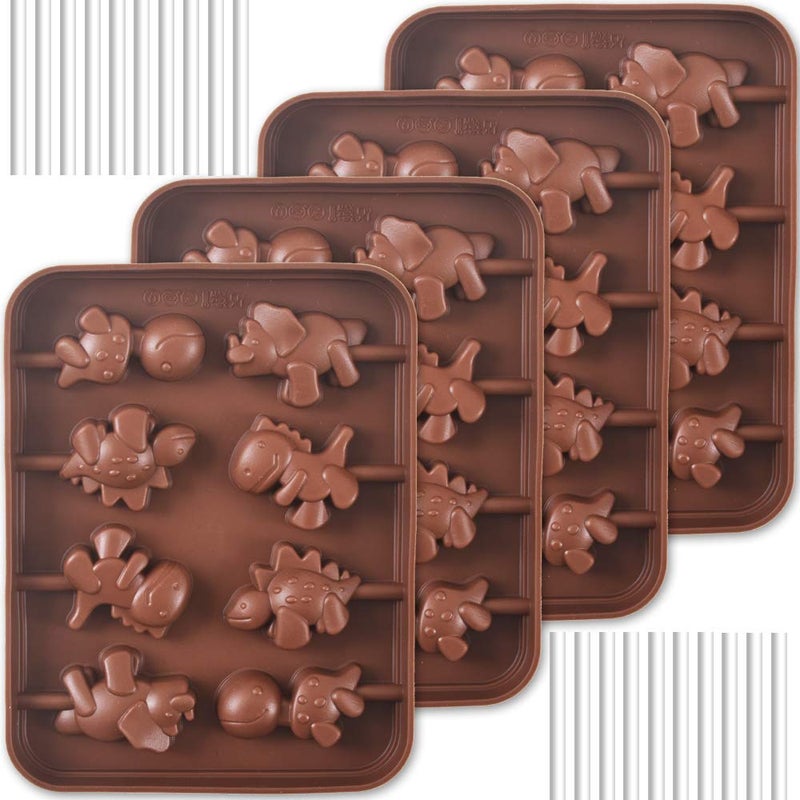 Newk Lollipop Silicone Mold 4 Packs 8 Cavity NonStick Dinosaur Silicone Molds for Lollipop Chocolate Candy