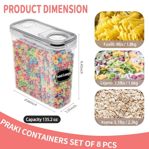 PRAKI Cereal Containers Storage Set (4L,135.2 Oz), 8PCS Airtight Food Storage Containers with Lids for Kitchen & Pantry Organizers and Storage, Cereal Dispensers with 20 labels, Measuring Cup & Marker - Image 2
