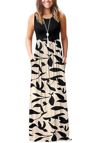 AUSELILY Plus Size Floral Maxi Dress for Women Casual Sleeveless Crewneck Empire Waist Long Flower Dresses with Pockets 2026 Black Leaf XL - Image 4