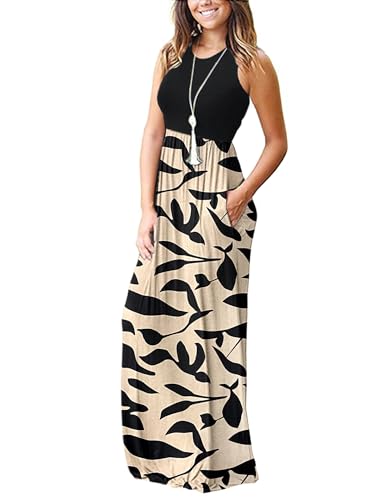 AUSELILY Plus Size Floral Maxi Dress for Women Casual Sleeveless Crewneck Empire Waist Long Flower Dresses with Pockets 2026 Black Leaf XL - Image 2
