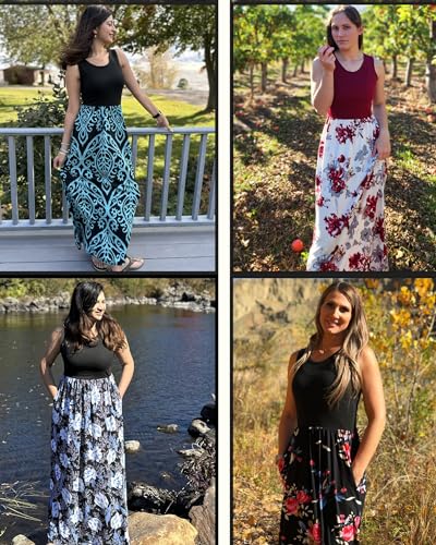AUSELILY Plus Size Floral Maxi Dress for Women Casual Sleeveless Crewneck Empire Waist Long Flower Dresses with Pockets 2026 Black Leaf XL - Image 5