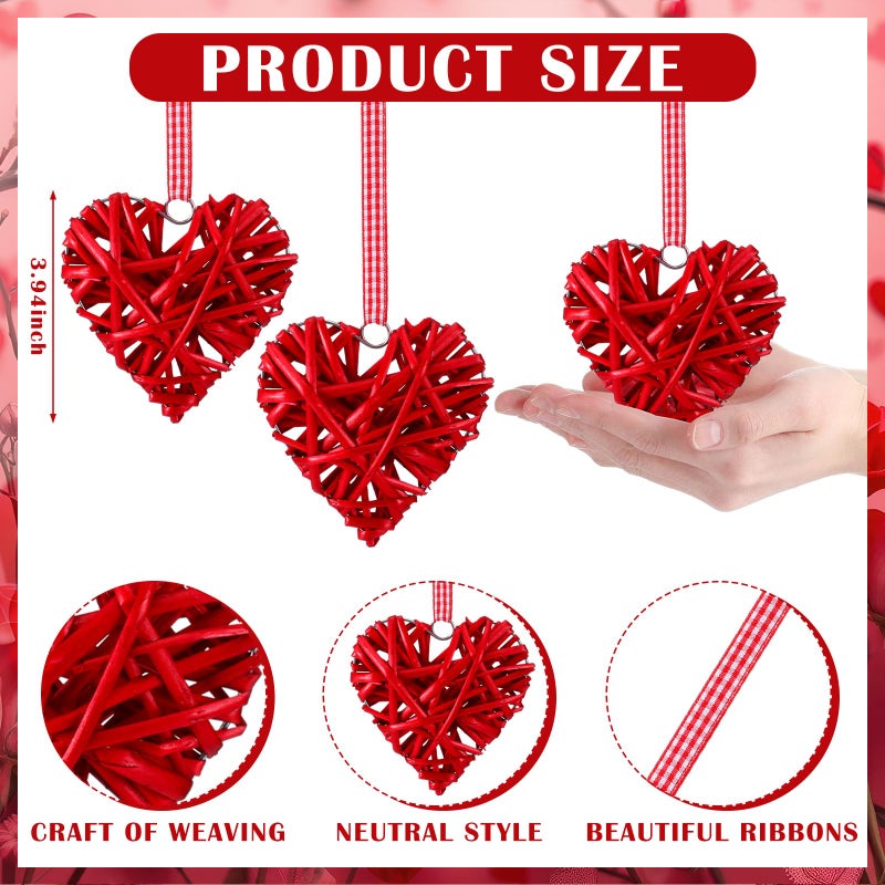 Junkin 12 Pcs Valentine's Day Heart Ornaments 4 Inch Rattan Heart Shape Tree Ornament Handmade Red Wicker Vase Bowl Fillers Valentine's Day Decorations for Tree Home Wedding Party Decor(Ramantic) - Image 3