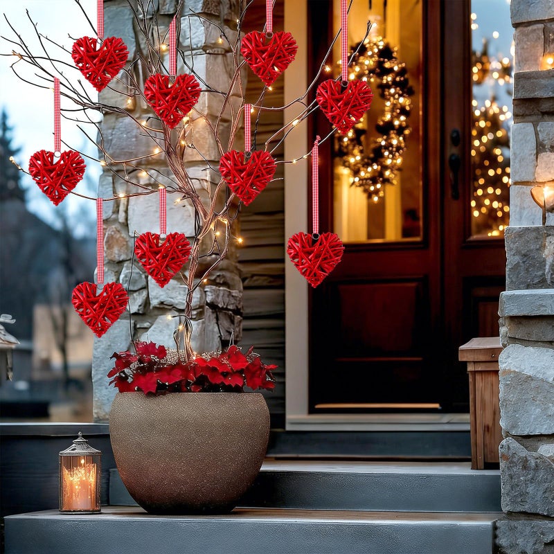 Junkin 12 Pcs Valentine's Day Heart Ornaments 4 Inch Rattan Heart Shape Tree Ornament Handmade Red Wicker Vase Bowl Fillers Valentine's Day Decorations for Tree Home Wedding Party Decor(Ramantic) - Image 4