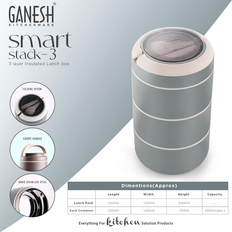 GANESH صندوق غداء محمول ذكي 3 طبقات من الفولاذ المقاوم للصدأ محكم الإغلاق ومضاد للتسرب - بني، 1200 مل - Image 3