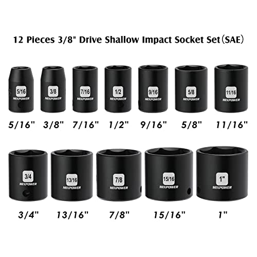 MIXPOWER 12 Pieces 3/8-Inch Drive Shallow Impact Socket Set, 5/16 to 1 inch, CR-V, SAE, 6 Point, Shallow, 12 Pieces 3/8" Dr. Socket - Image 3