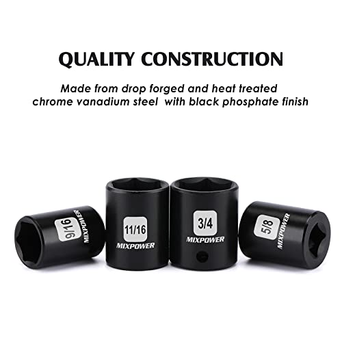 MIXPOWER 12 Pieces 3/8-Inch Drive Shallow Impact Socket Set, 5/16 to 1 inch, CR-V, SAE, 6 Point, Shallow, 12 Pieces 3/8" Dr. Socket - Image 4