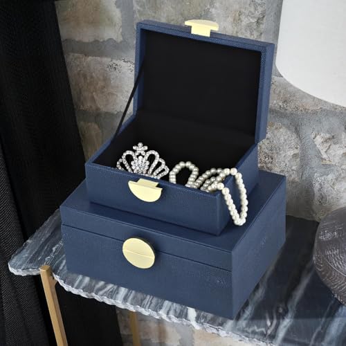 HofferRuffer Faux Leather Jewelry Boxes, Decorative Boxes Storage Accessory Organizer with Gold Hardware Decor, Classic Vegan Leather Set of 2 Pieces (Navy Blue) - Image 3