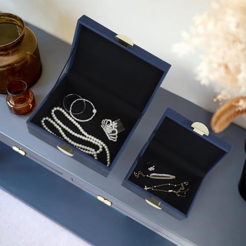 HofferRuffer Faux Leather Jewelry Boxes, Decorative Boxes Storage Accessory Organizer with Gold Hardware Decor, Classic Vegan Leather Set of 2 Pieces (Navy Blue) - Image 4