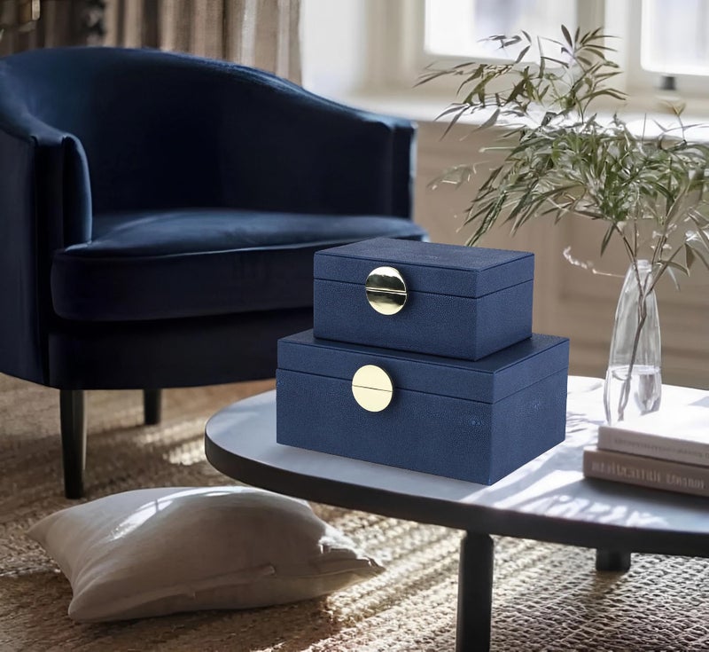 HofferRuffer Faux Leather Jewelry Boxes, Decorative Boxes Storage Accessory Organizer with Gold Hardware Decor, Classic Vegan Leather Set of 2 Pieces (Navy Blue) - Image 5