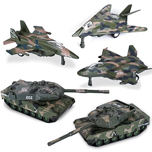 Crelloci 5 Pack Die Cast Fighter Jet Tank Toy Pull Back Army Toys Vehicle Set Camouflage Bomber Airplane Tank Vehicles Military Air Force Playset for Kids Toddlers Boys Age 3 A - Image 1